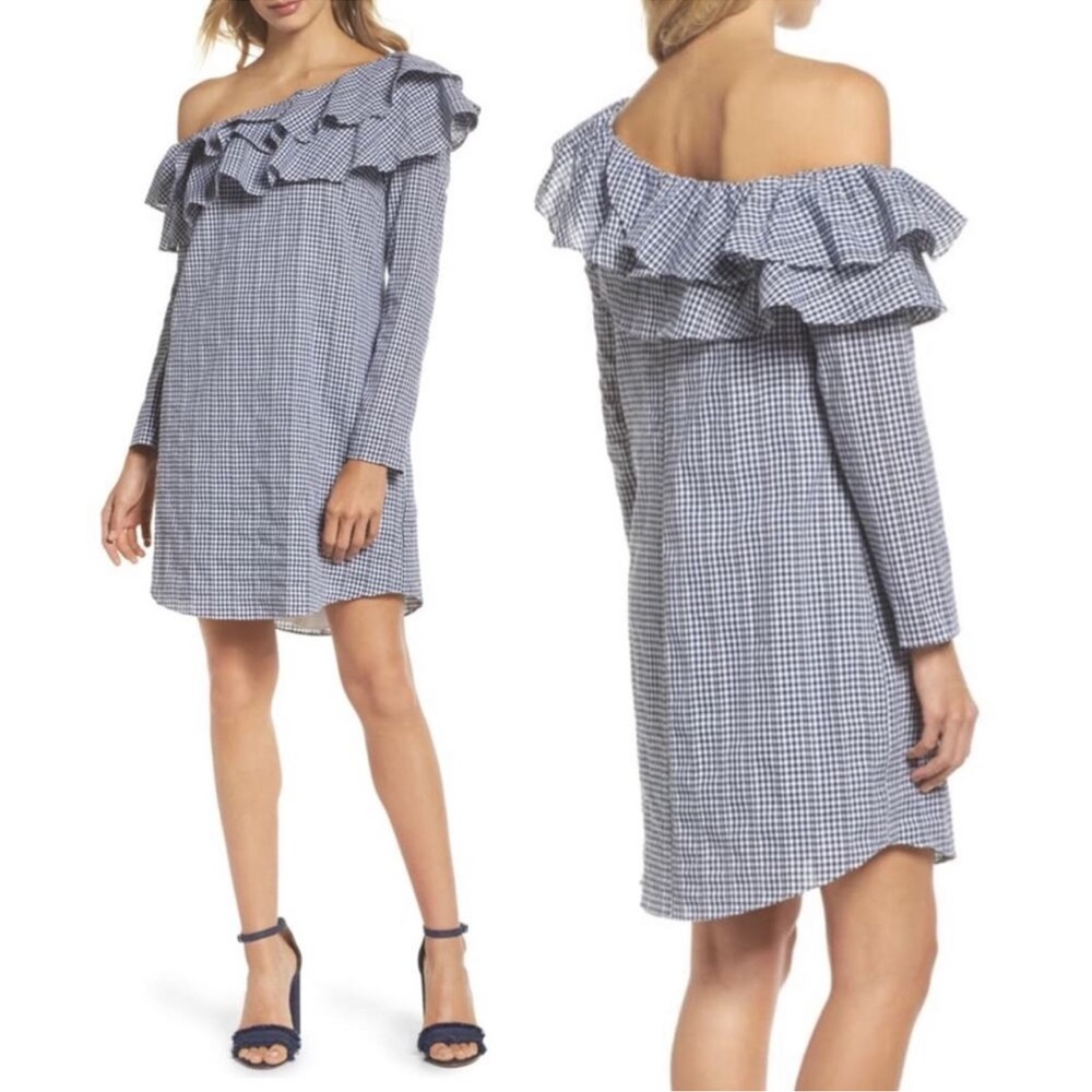 NWT Adelyn Rae Deep Navy and White Gingham Off-Shoulder Dress sz S